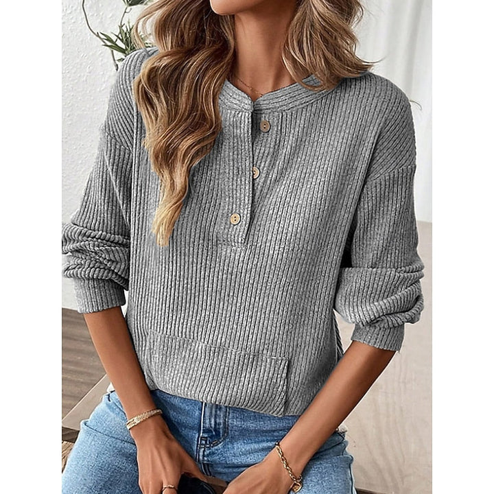Women's Relaxed Fit Ribbed Knit Button Up Henley Top