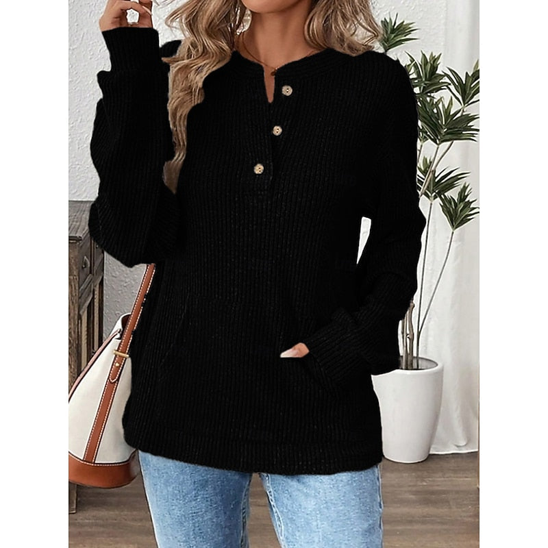 Women's Relaxed Fit Ribbed Knit Button Up Henley Top