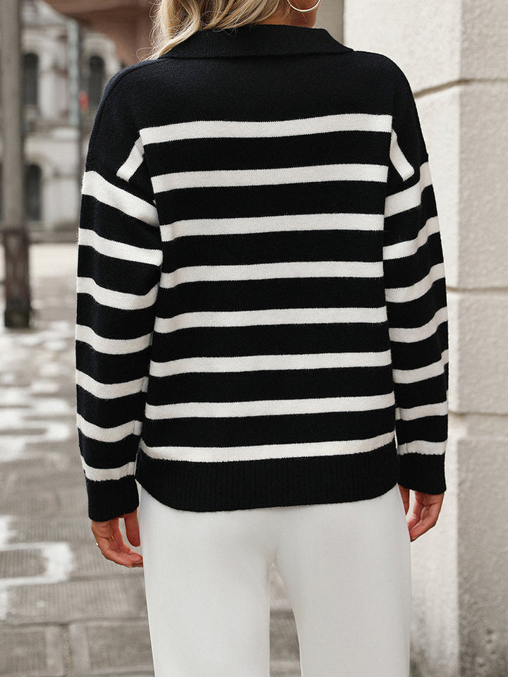 Women's Relaxed Fit Striped V Neck Polo Knit Sweater