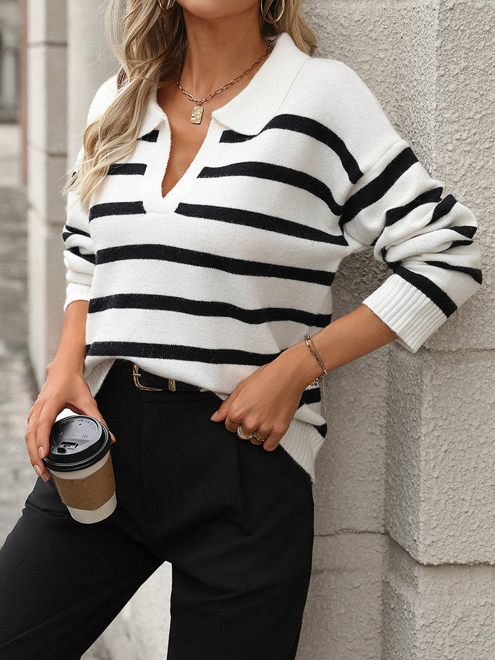 Women's Relaxed Fit Striped V Neck Polo Knit Sweater