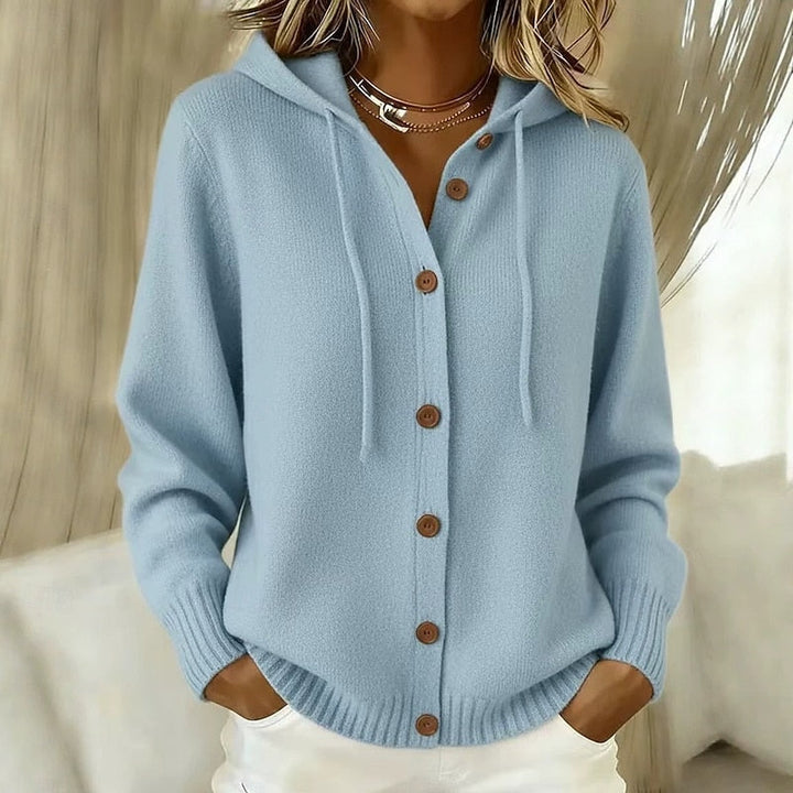 Women's Ribbed Cuff Knit Hooded Button Up Sweater Cardigan