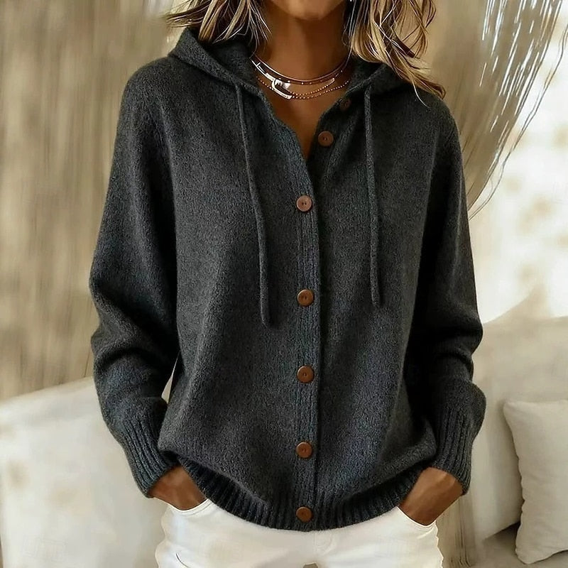 Women's Ribbed Cuff Knit Hooded Button Up Sweater Cardigan