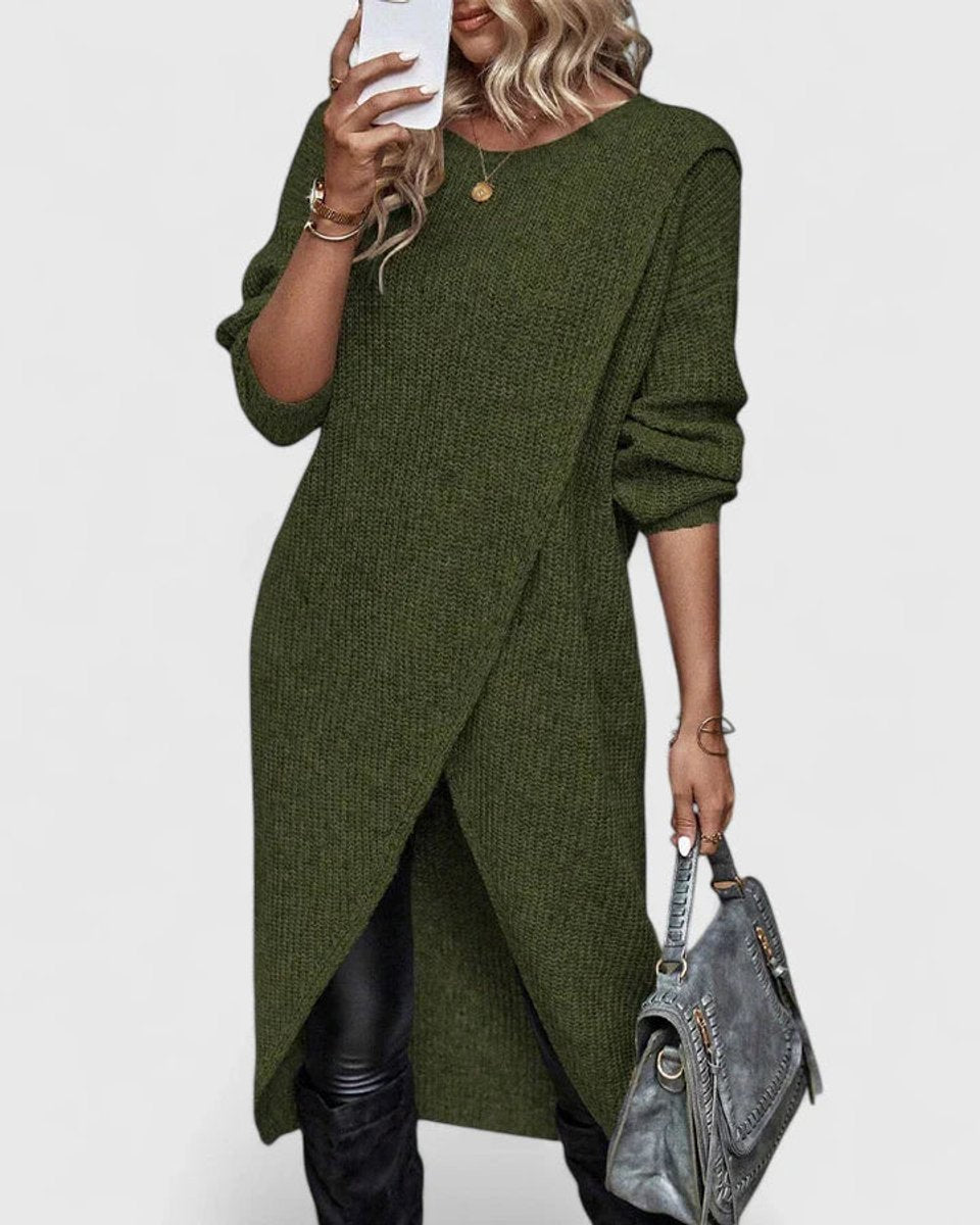Women's Ribbed Knit Asymmetric Hem V-Neck Sweater Dress