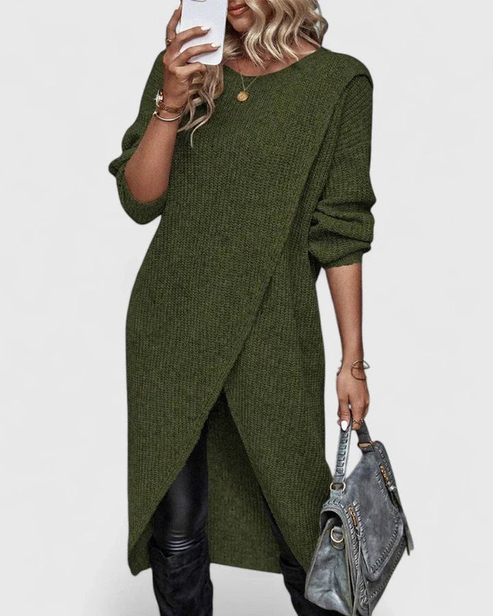 Women's Ribbed Knit Asymmetric Hem V-Neck Sweater Dress