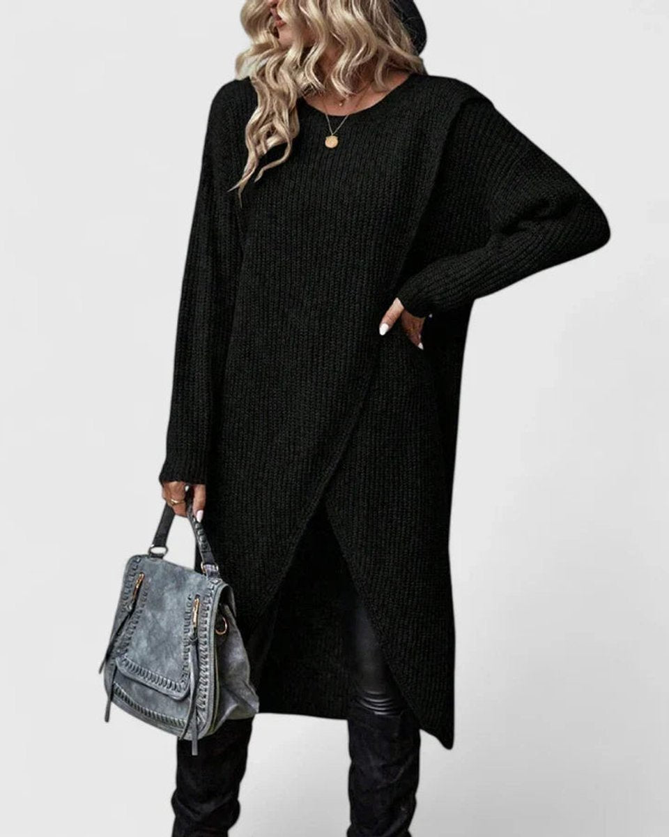 Women's Ribbed Knit Asymmetric Hem V-Neck Sweater Dress