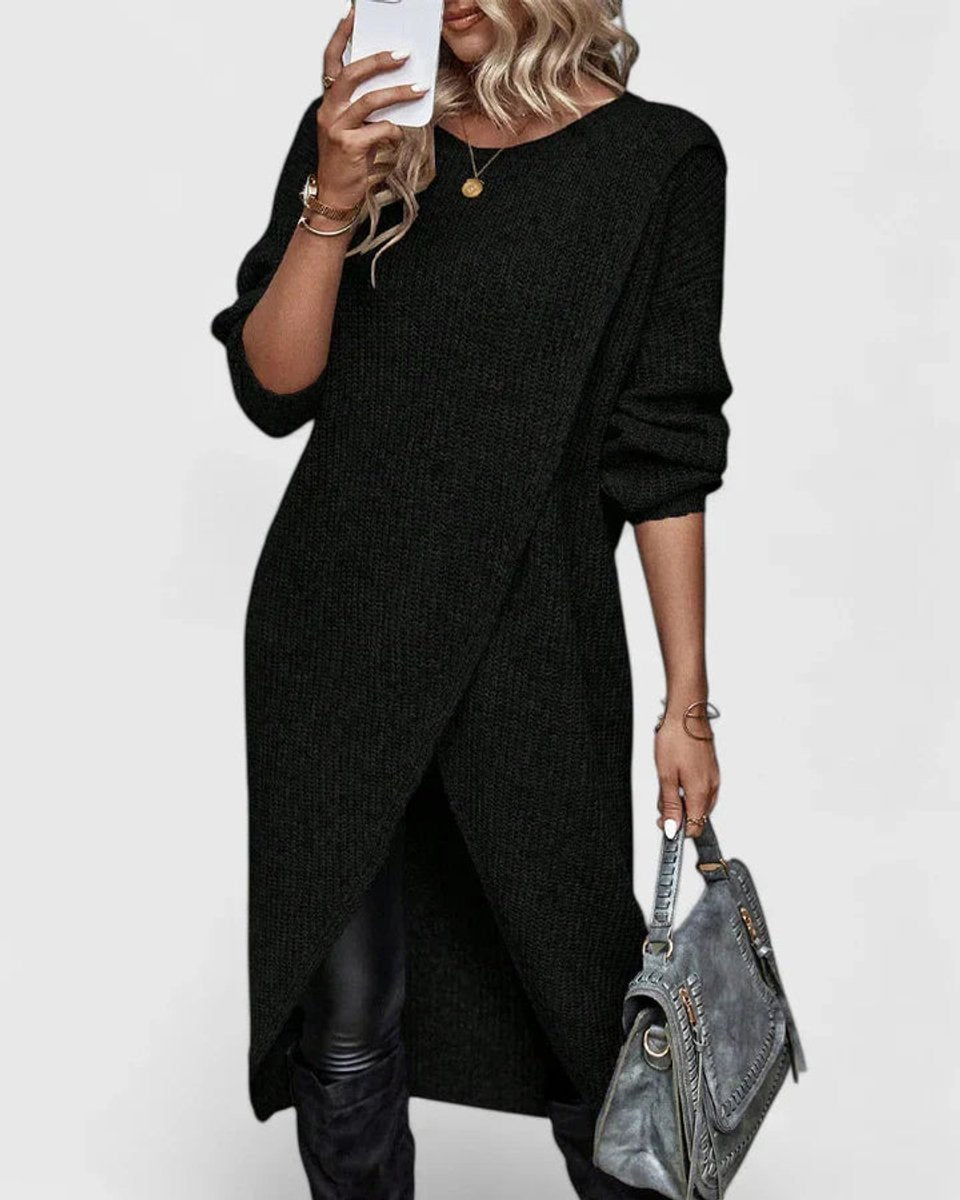 Women's Ribbed Knit Asymmetric Hem V-Neck Sweater Dress