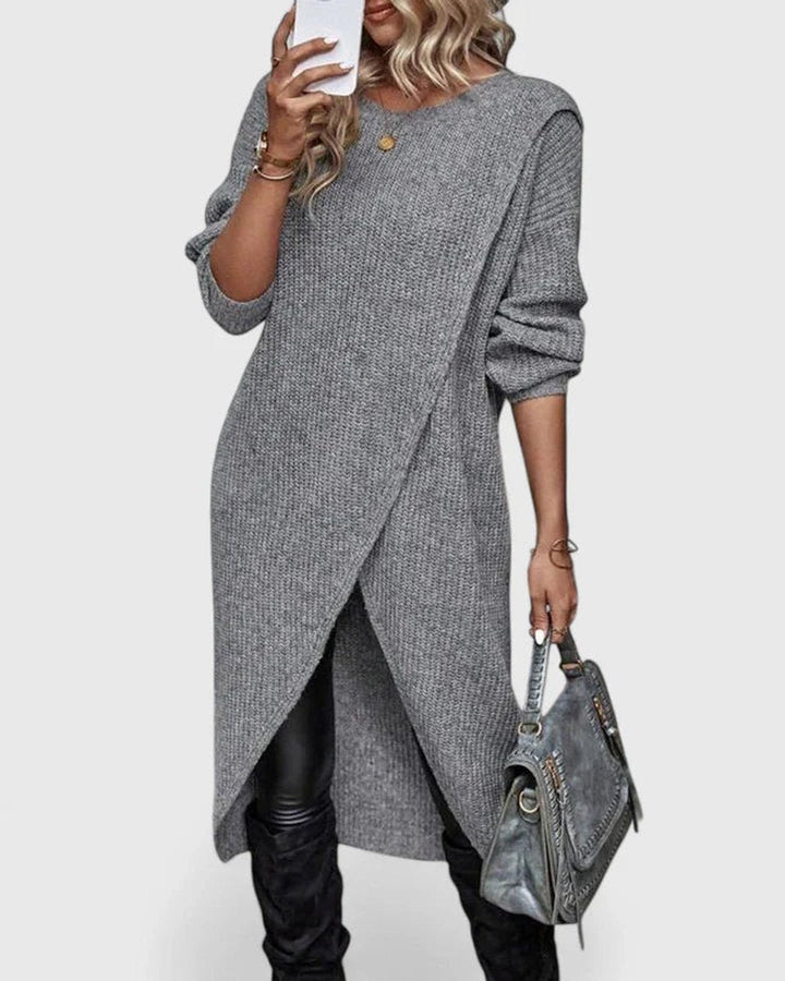 Women's Ribbed Knit Asymmetric Hem V-Neck Sweater Dress
