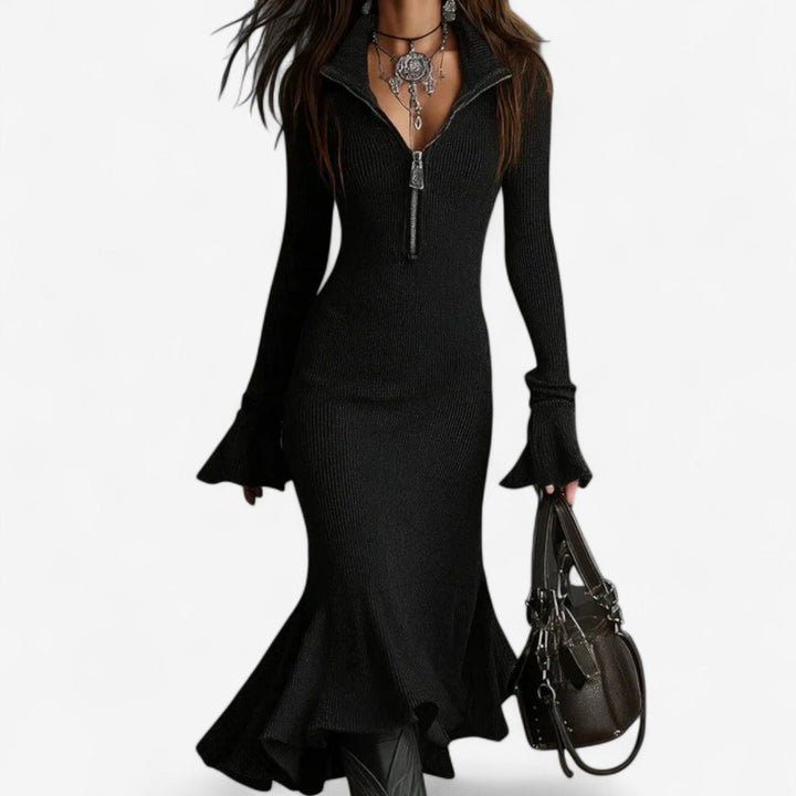 Women's Ribbed Knit Bodycon Half Zip Mock Neck Sweater Dress