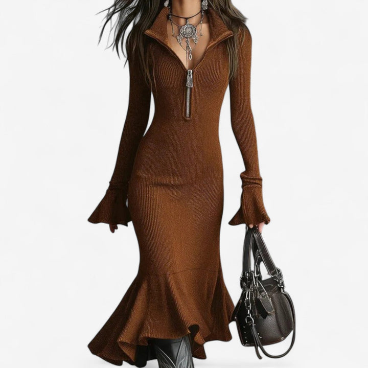 Women's Ribbed Knit Bodycon Half Zip Mock Neck Sweater Dress