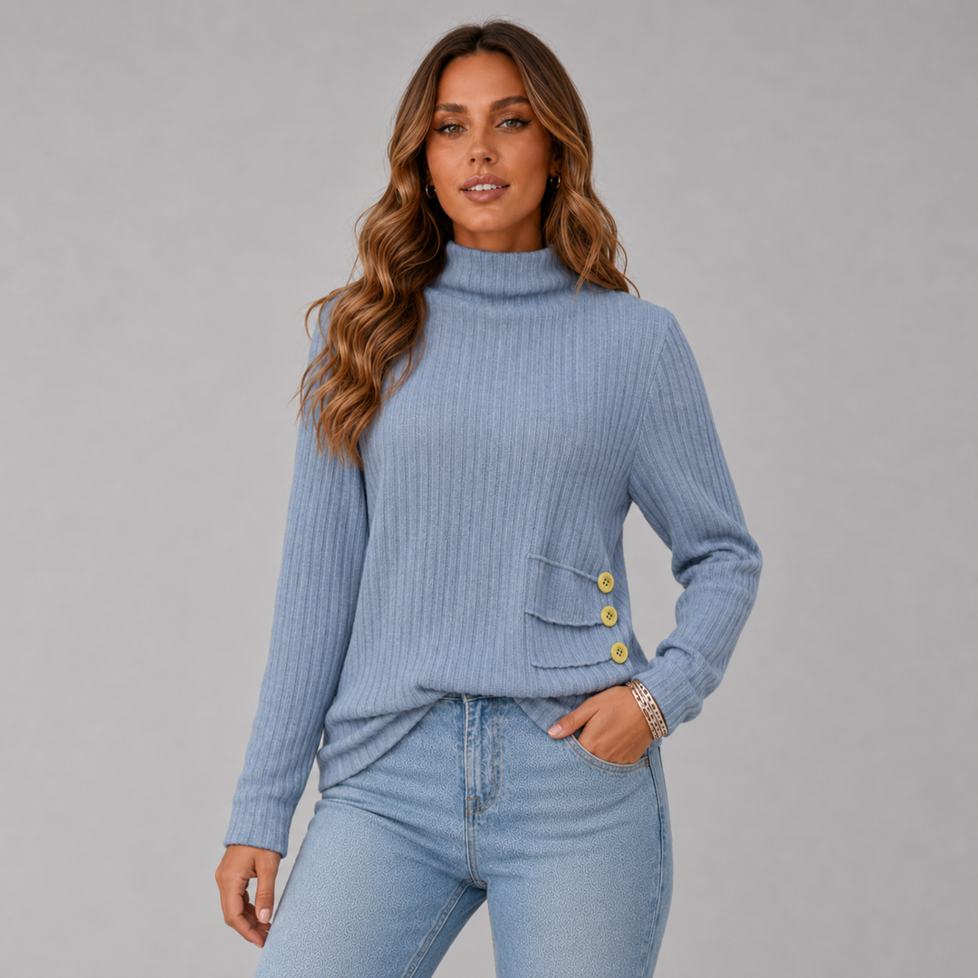 Women's Ribbed Knit Turtleneck Button Hem Sweater