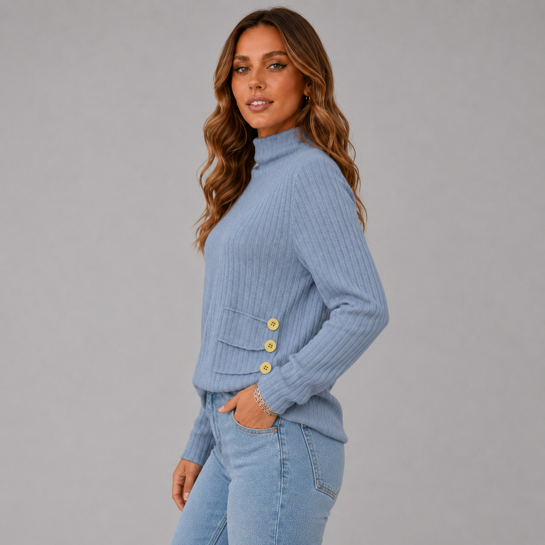 Women's Ribbed Knit Turtleneck Button Hem Sweater