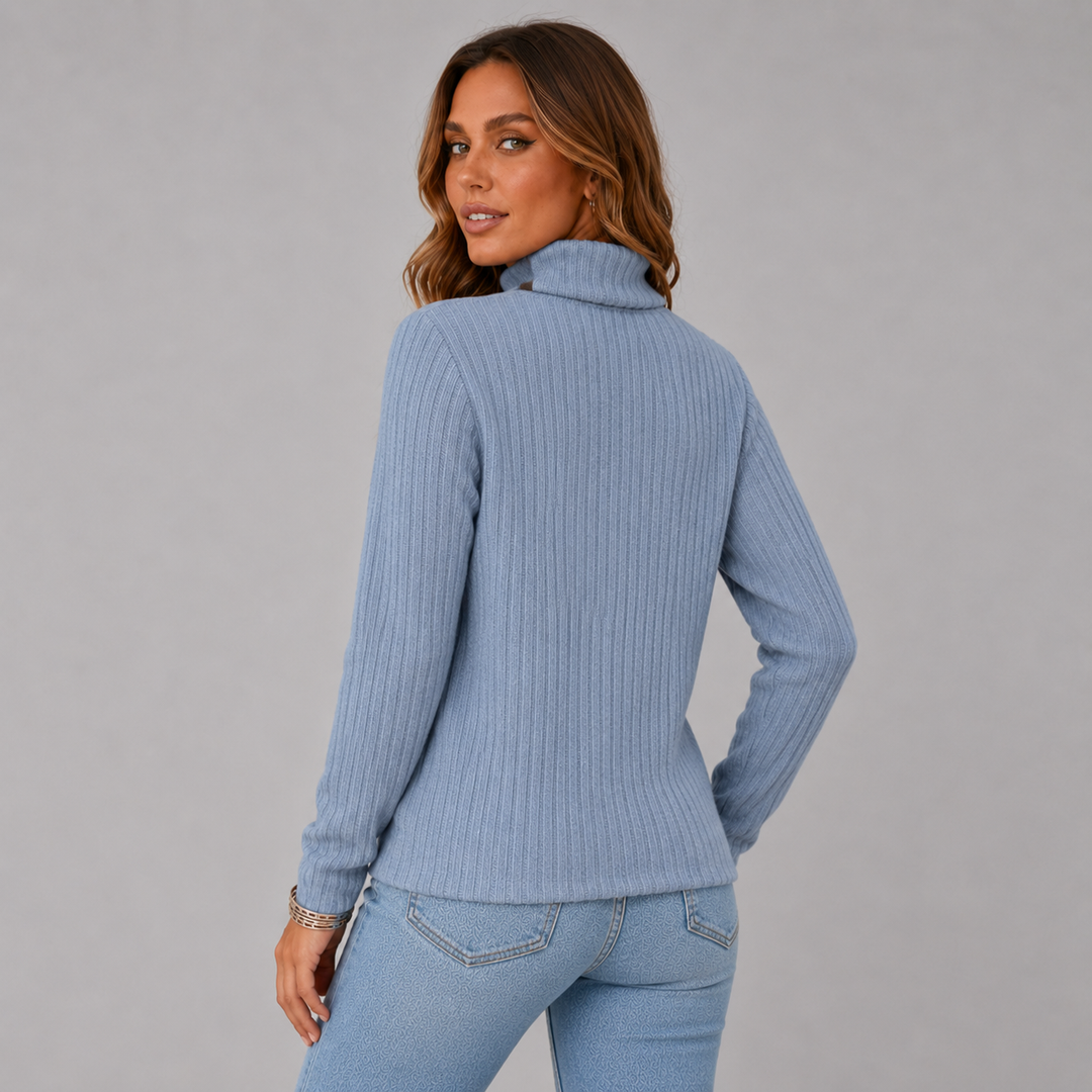 Women's Ribbed Knit Turtleneck Button Hem Sweater