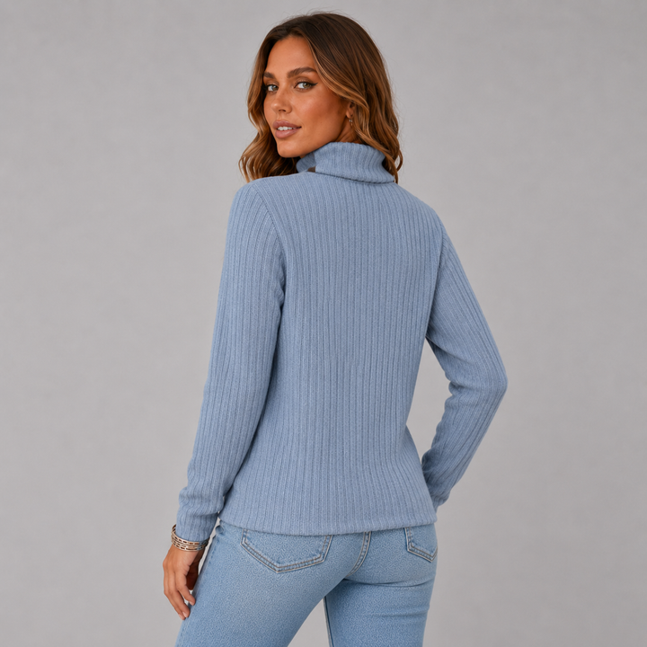 Women's Ribbed Knit Turtleneck Button Hem Sweater
