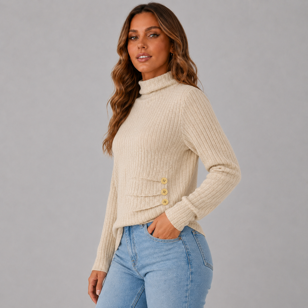 Women's Ribbed Knit Turtleneck Button Hem Sweater
