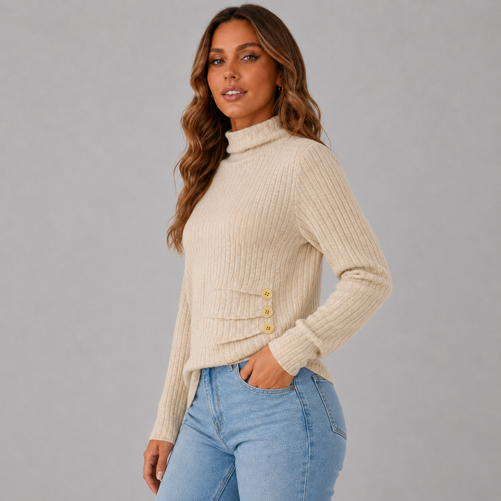 Women's Ribbed Knit Turtleneck Button Hem Sweater