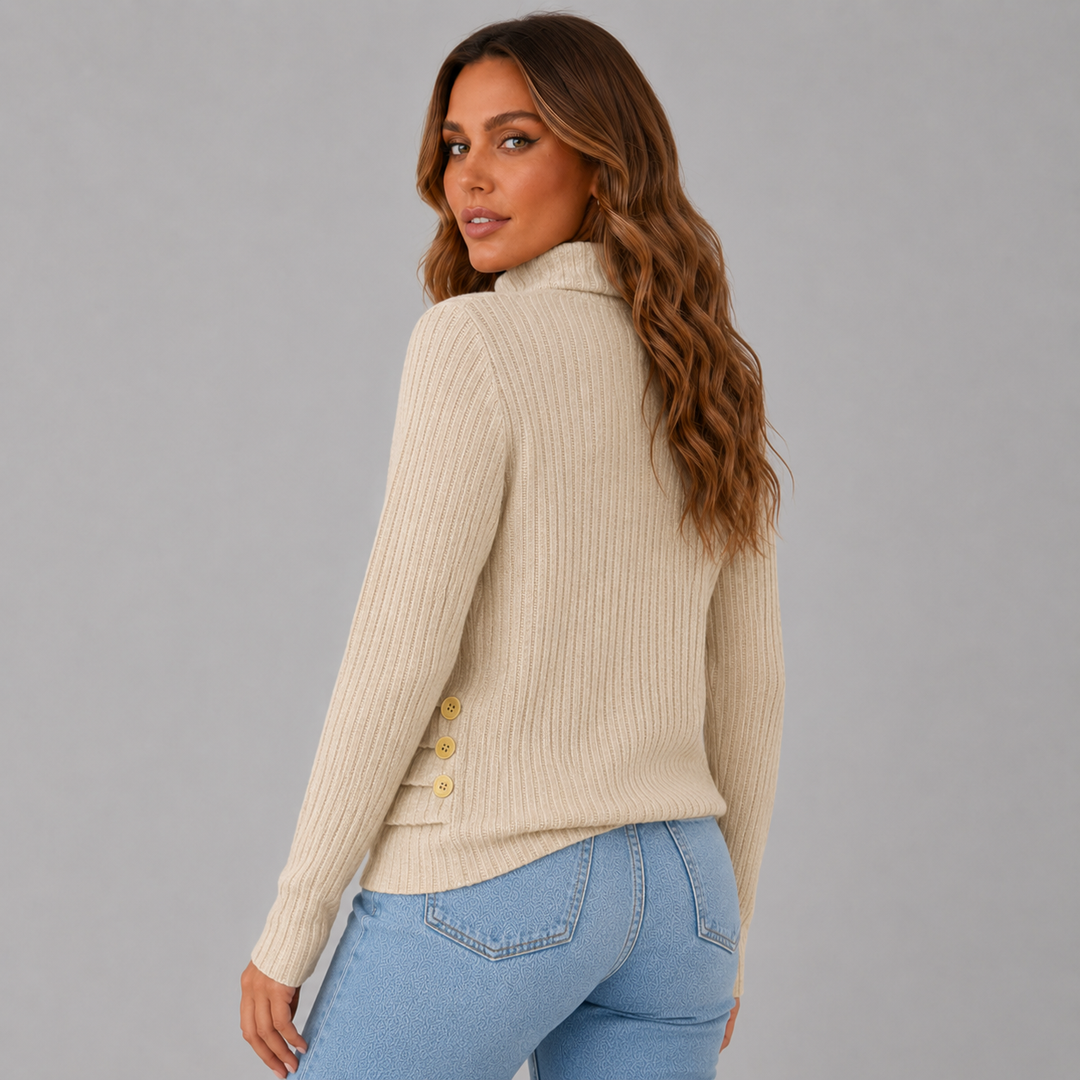 Women's Ribbed Knit Turtleneck Button Hem Sweater
