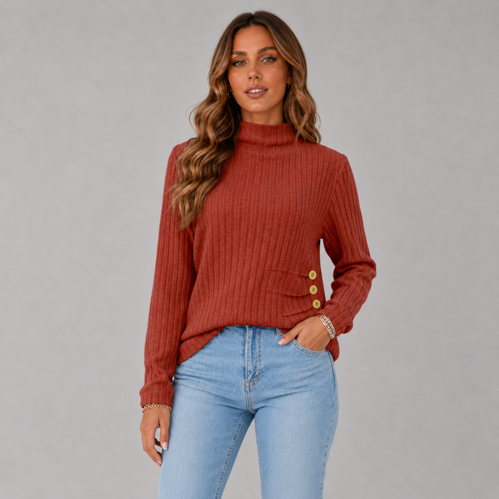 Women's Ribbed Knit Turtleneck Button Hem Sweater