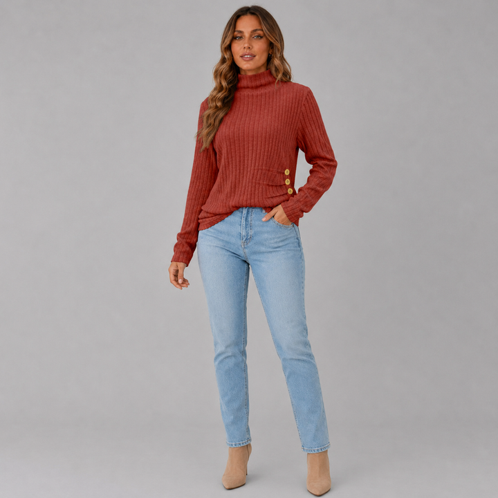 Women's Ribbed Knit Turtleneck Button Hem Sweater