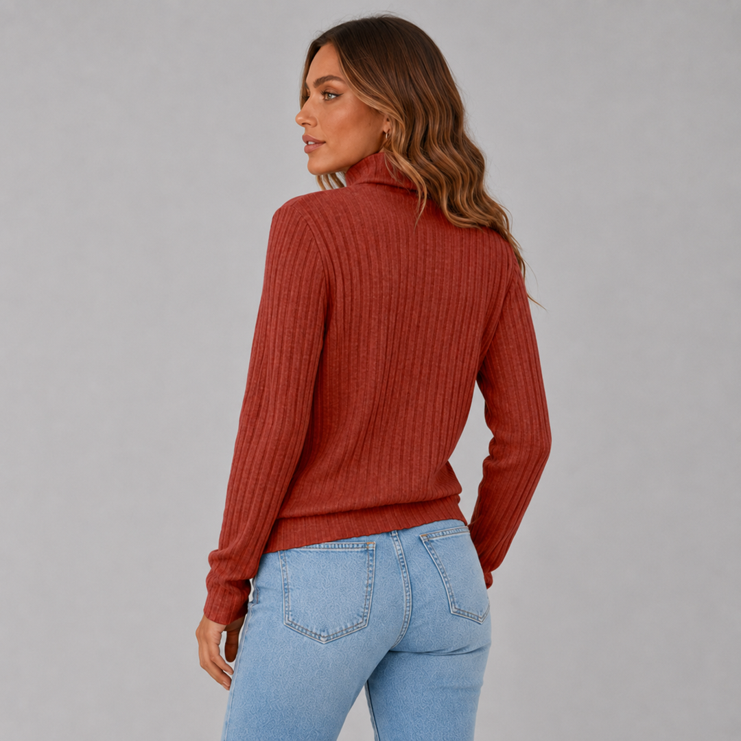 Women's Ribbed Knit Turtleneck Button Hem Sweater
