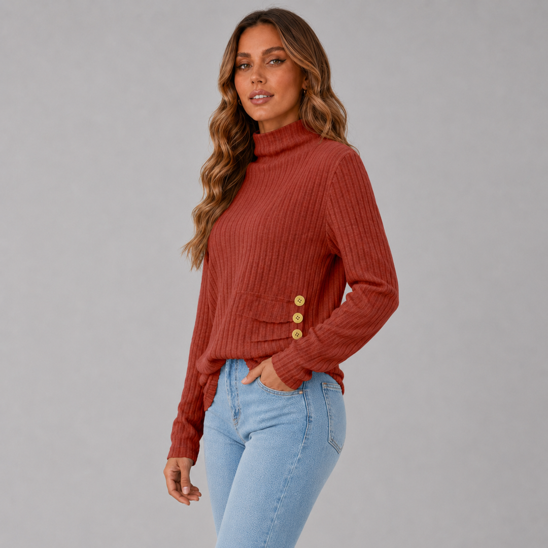 Women's Ribbed Knit Turtleneck Button Hem Sweater