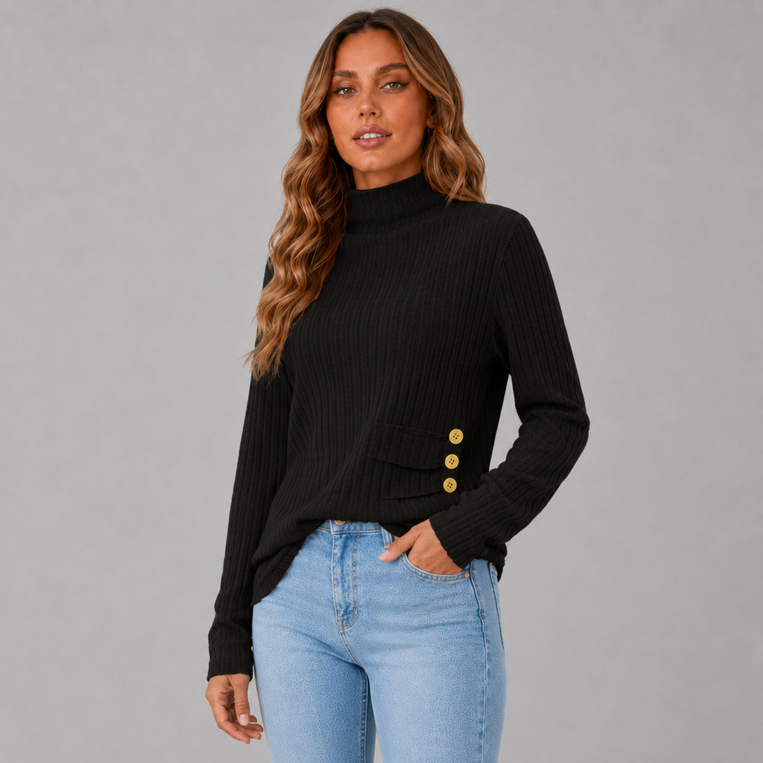 Women's Ribbed Knit Turtleneck Button Hem Sweater