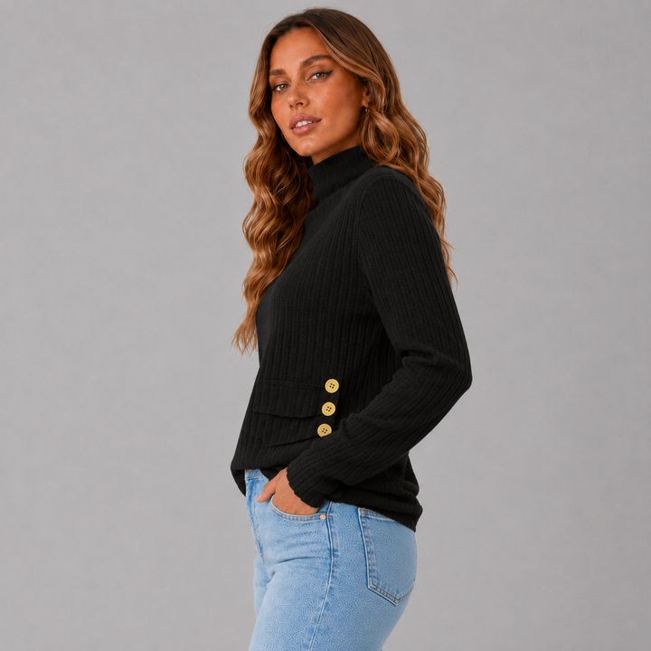 Women's Ribbed Knit Turtleneck Button Hem Sweater