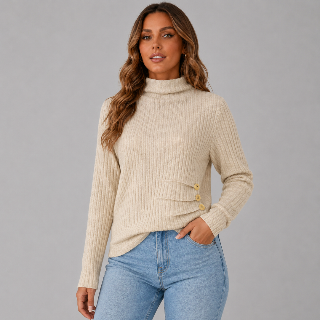 Women's Ribbed Knit Turtleneck Button Hem Sweater