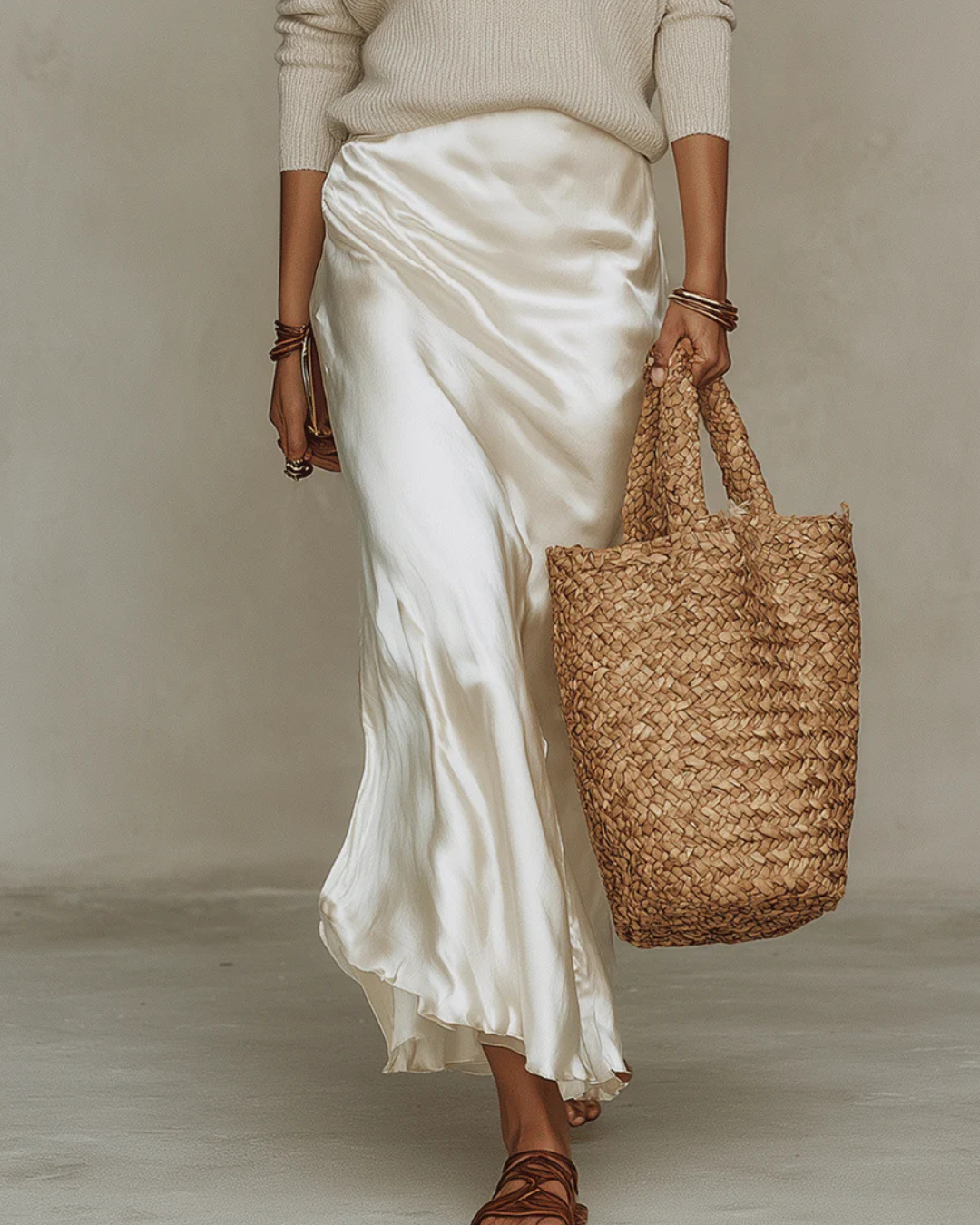 Women's Satin Slip and Ribbed Knit Sweater Midi Dress Set
