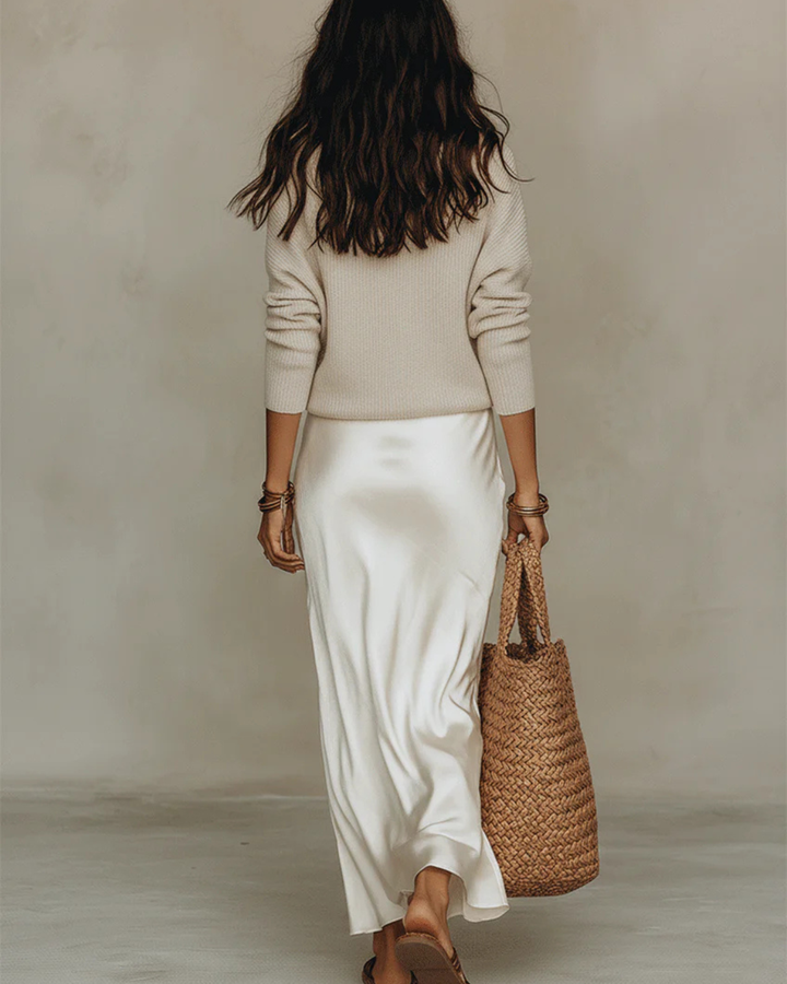 Women's Satin Slip and Ribbed Knit Sweater Midi Dress Set