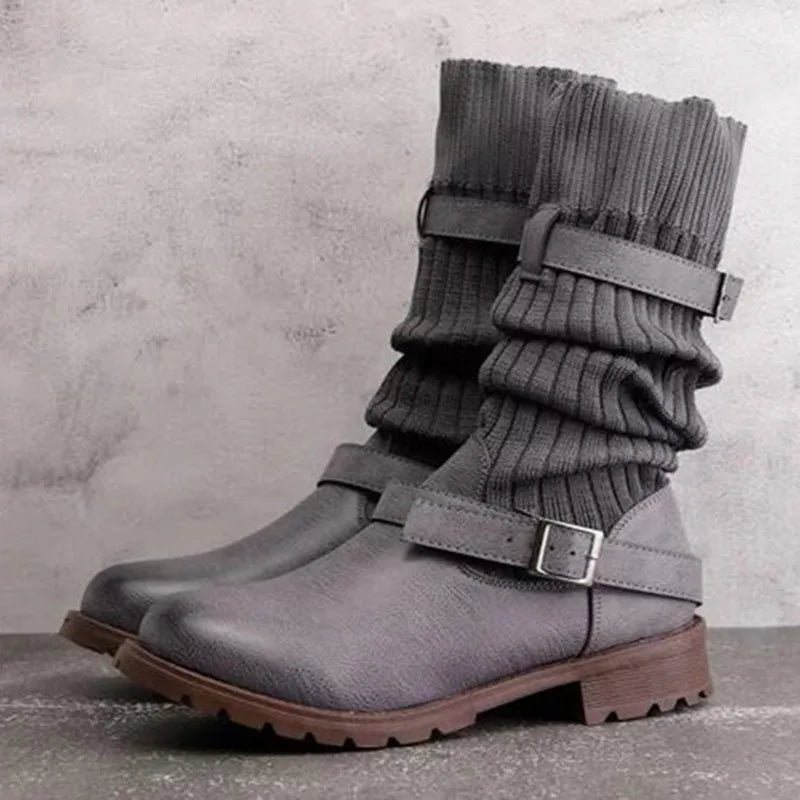 Women's Slouch Knit Shaft Buckle Strap Winter Boots