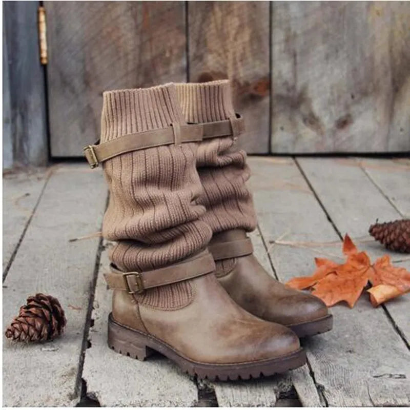 Women's Slouch Knit Shaft Buckle Strap Winter Boots