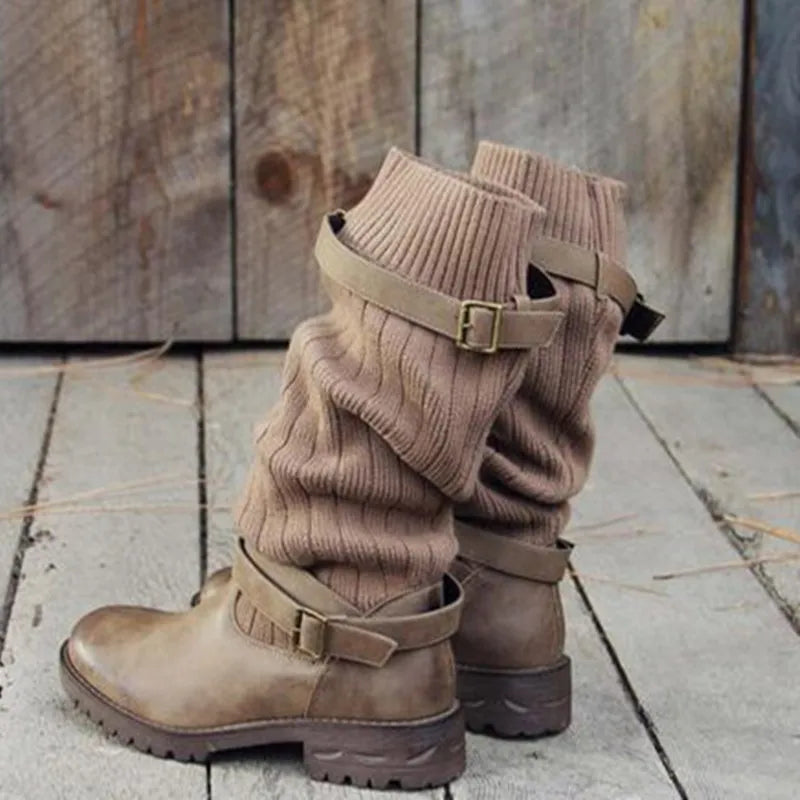 Women's Slouch Knit Shaft Buckle Strap Winter Boots