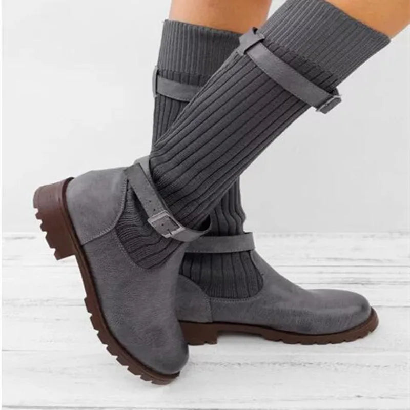 Women's Slouch Knit Shaft Buckle Strap Winter Boots