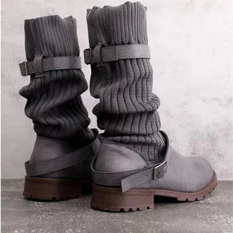 Women's Slouch Knit Shaft Buckle Strap Winter Boots
