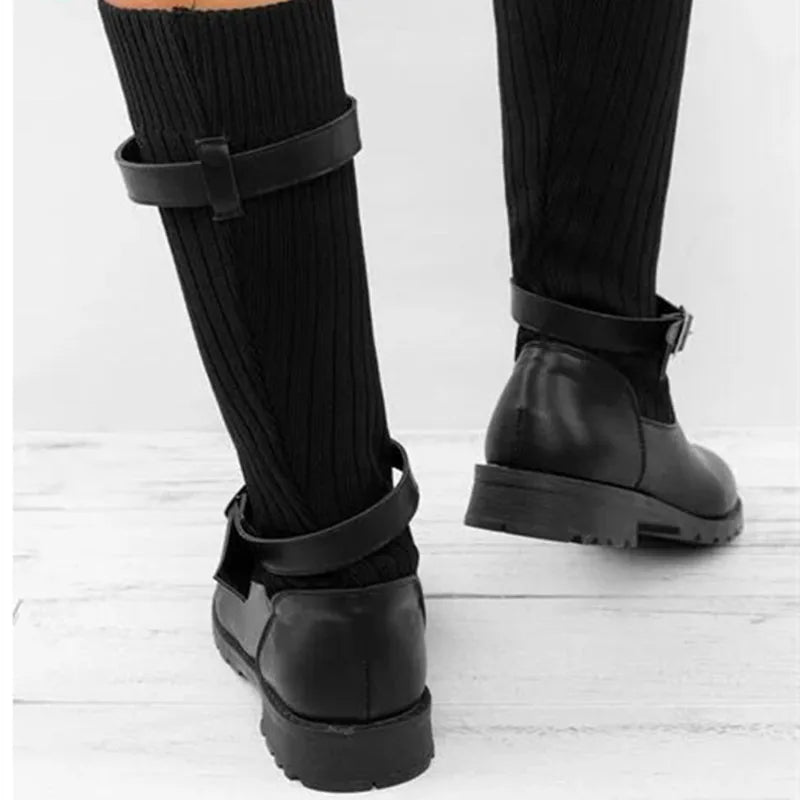 Women's Slouch Knit Shaft Buckle Strap Winter Boots