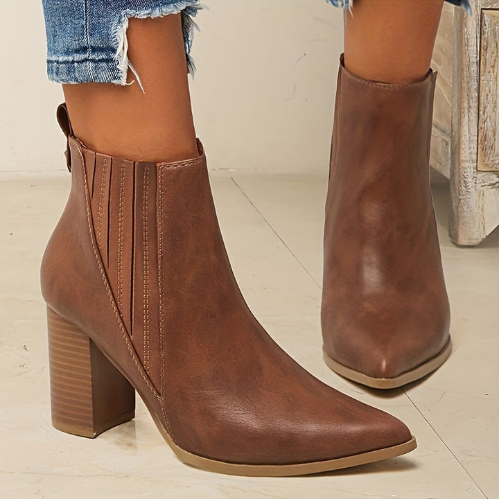Women's Square Heel Pull On Stretch Pointed Ankle Boots