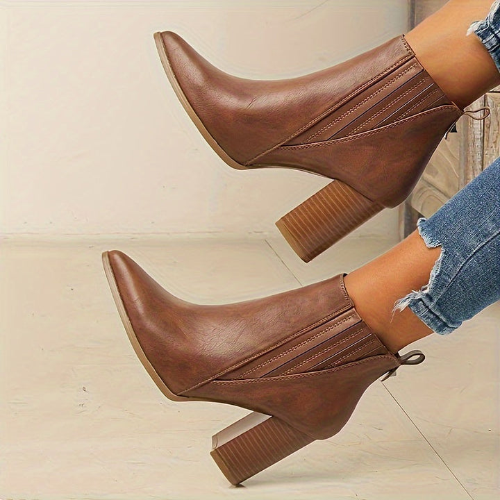Women's Square Heel Pull On Stretch Pointed Ankle Boots