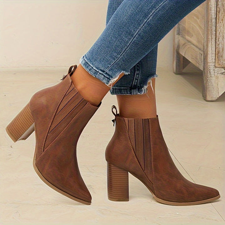Women's Square Heel Pull On Stretch Pointed Ankle Boots