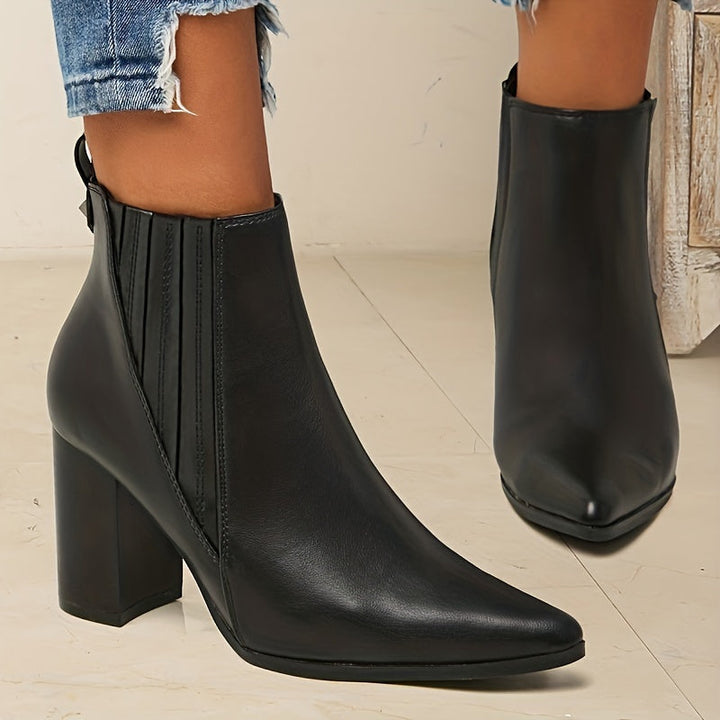 Women's Square Heel Pull On Stretch Pointed Ankle Boots