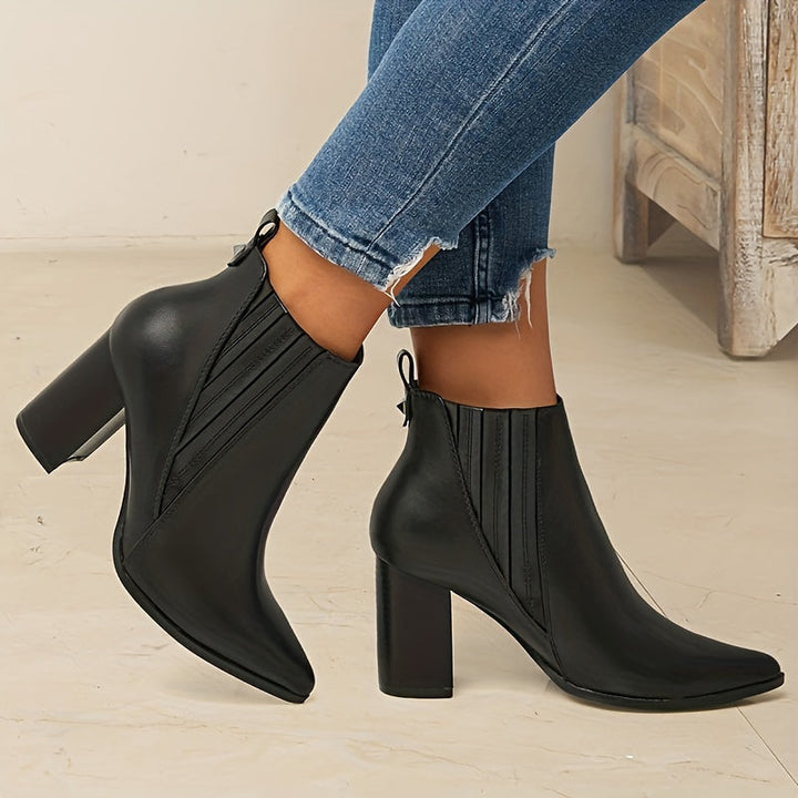Women's Square Heel Pull On Stretch Pointed Ankle Boots