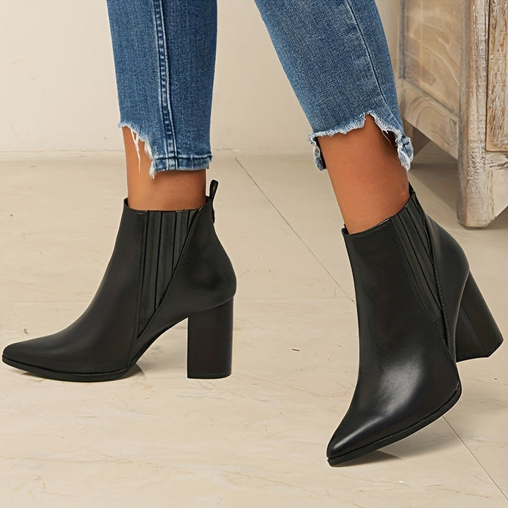 Women's Square Heel Pull On Stretch Pointed Ankle Boots