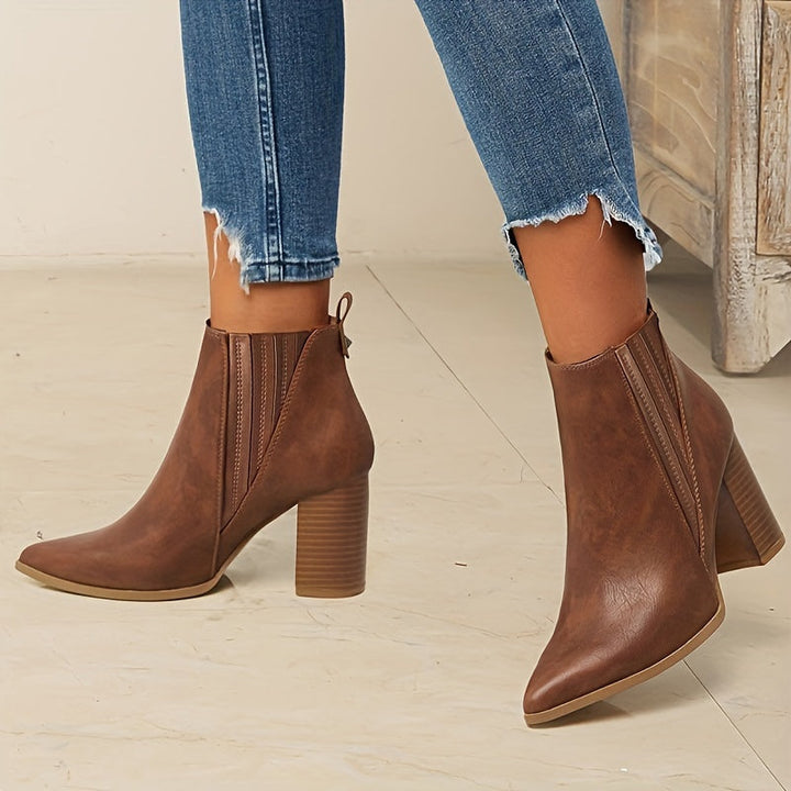 Women's Square Heel Pull On Stretch Pointed Ankle Boots