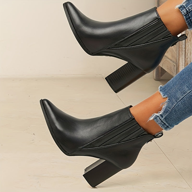 Women's Square Heel Pull On Stretch Pointed Ankle Boots
