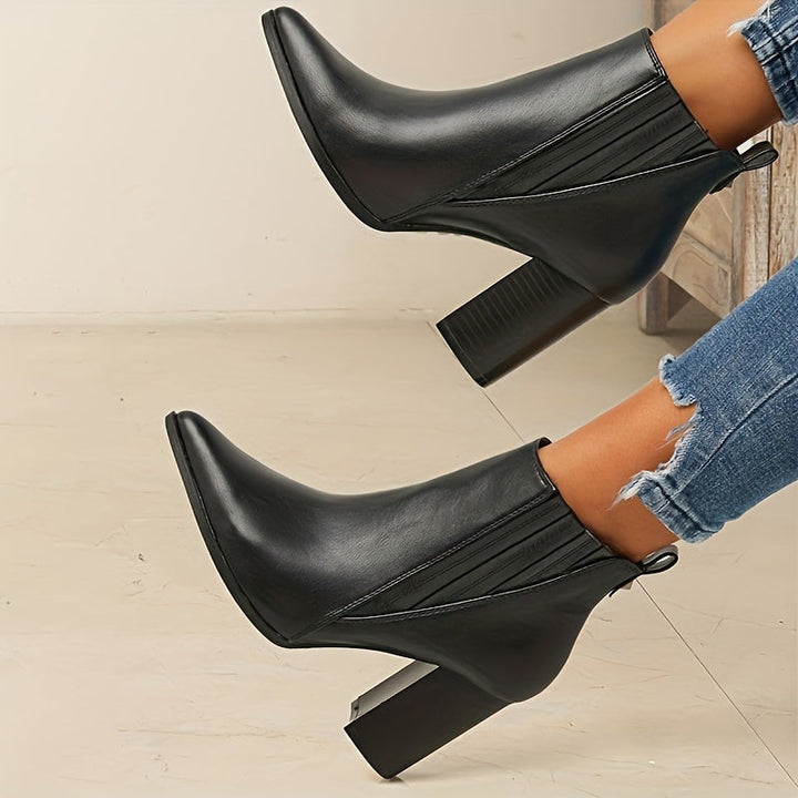 Women's Square Heel Pull On Stretch Pointed Ankle Boots