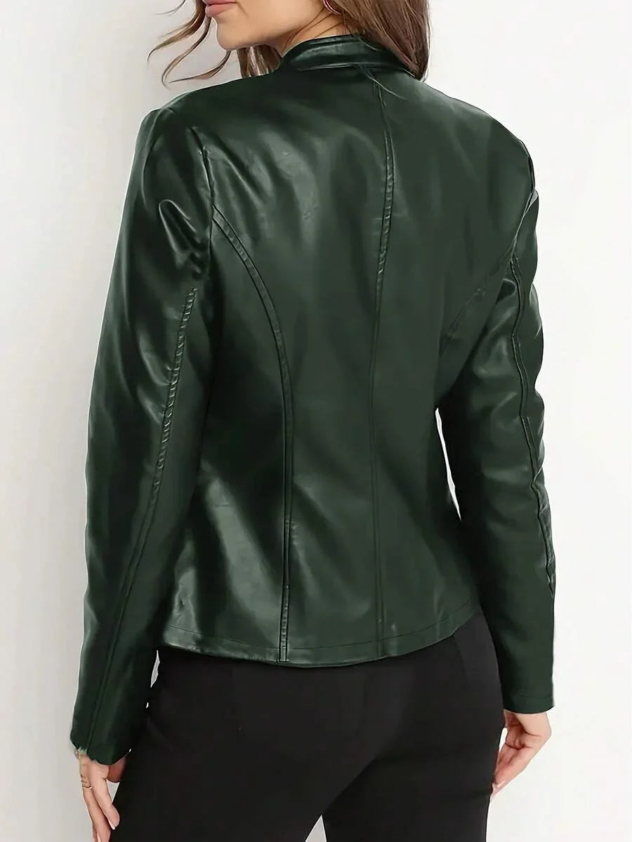 Women's Stand Collar Panel Seam Faux Leather Biker Jacket