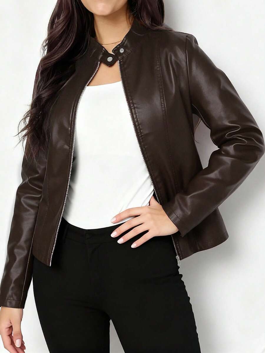 Women's Stand Collar Panel Seam Faux Leather Biker Jacket
