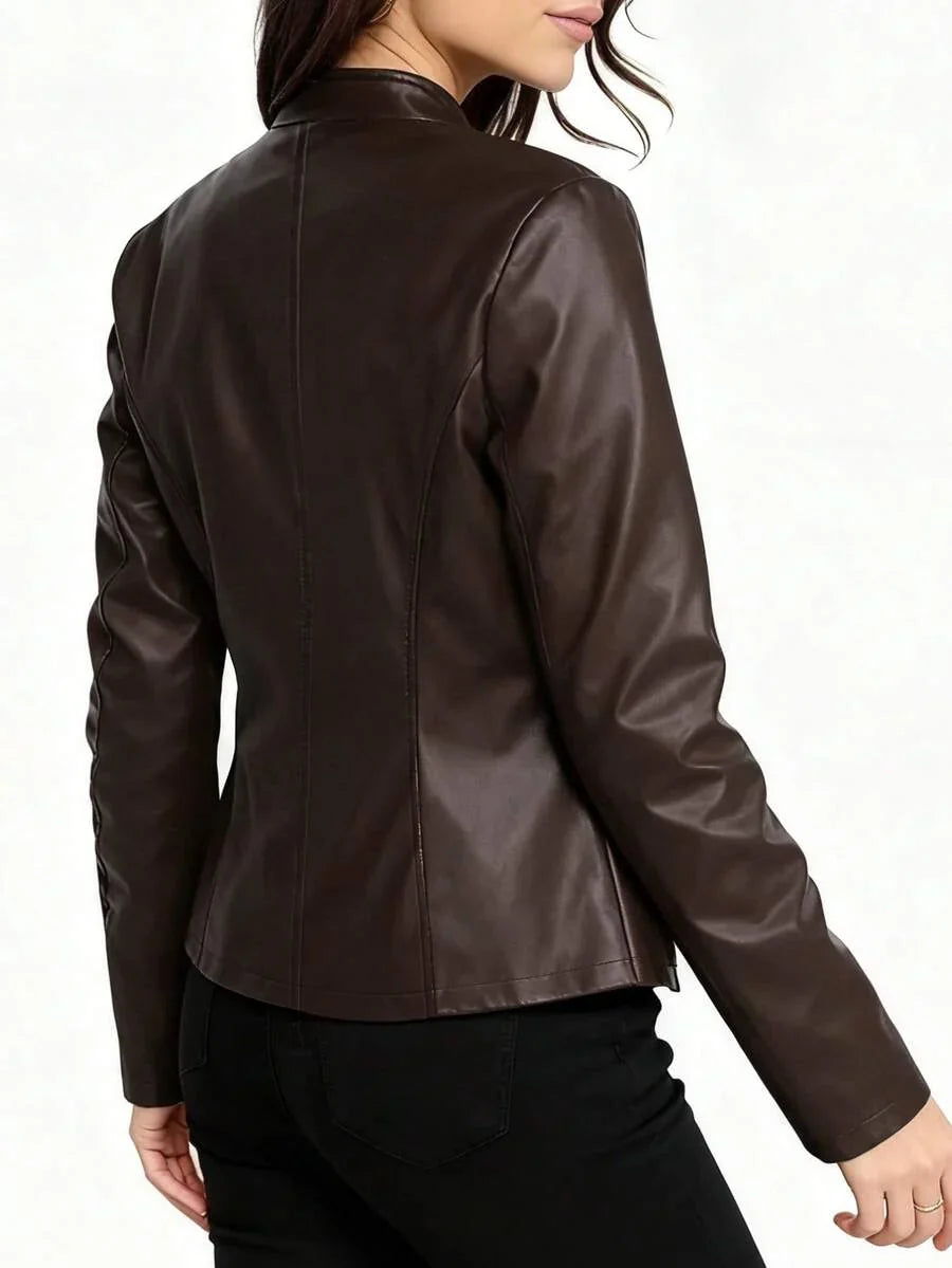 Women's Stand Collar Panel Seam Faux Leather Biker Jacket