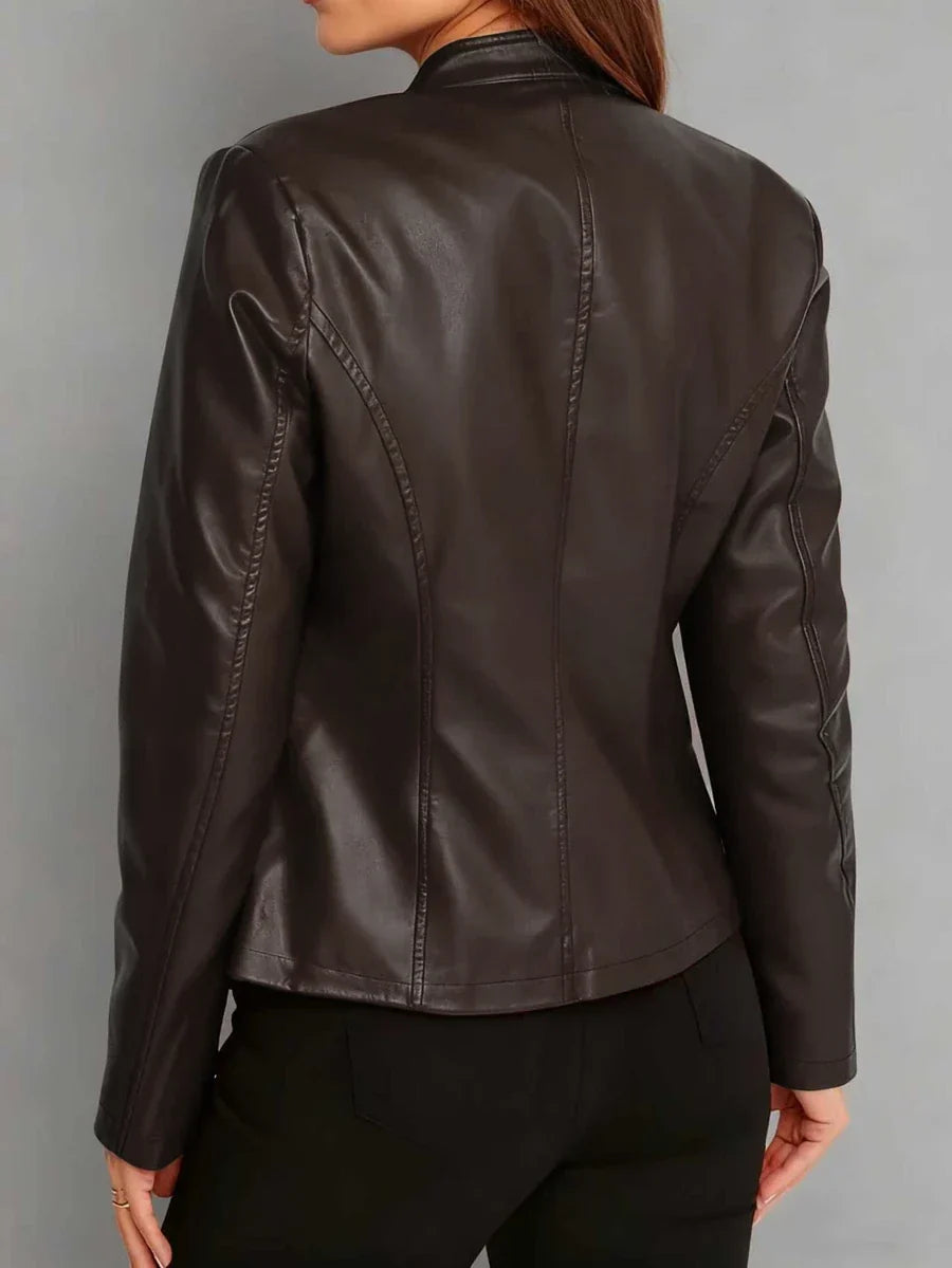 Women's Stand Collar Panel Seam Faux Leather Biker Jacket