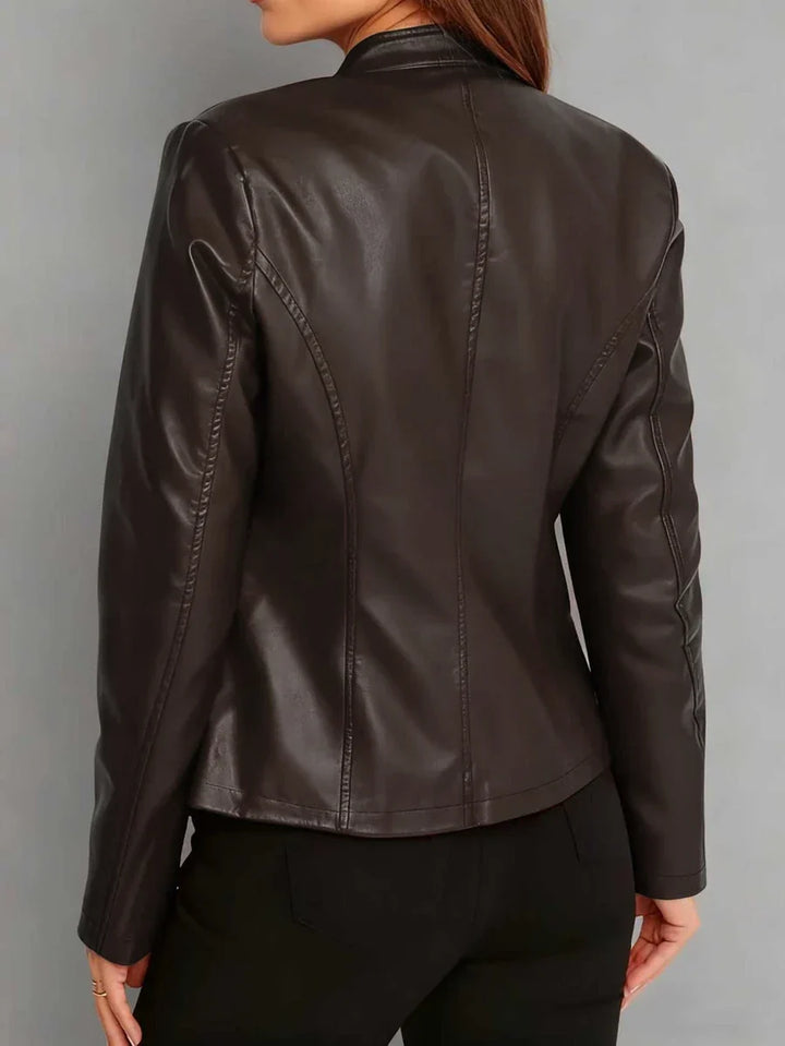 Women's Stand Collar Panel Seam Faux Leather Biker Jacket