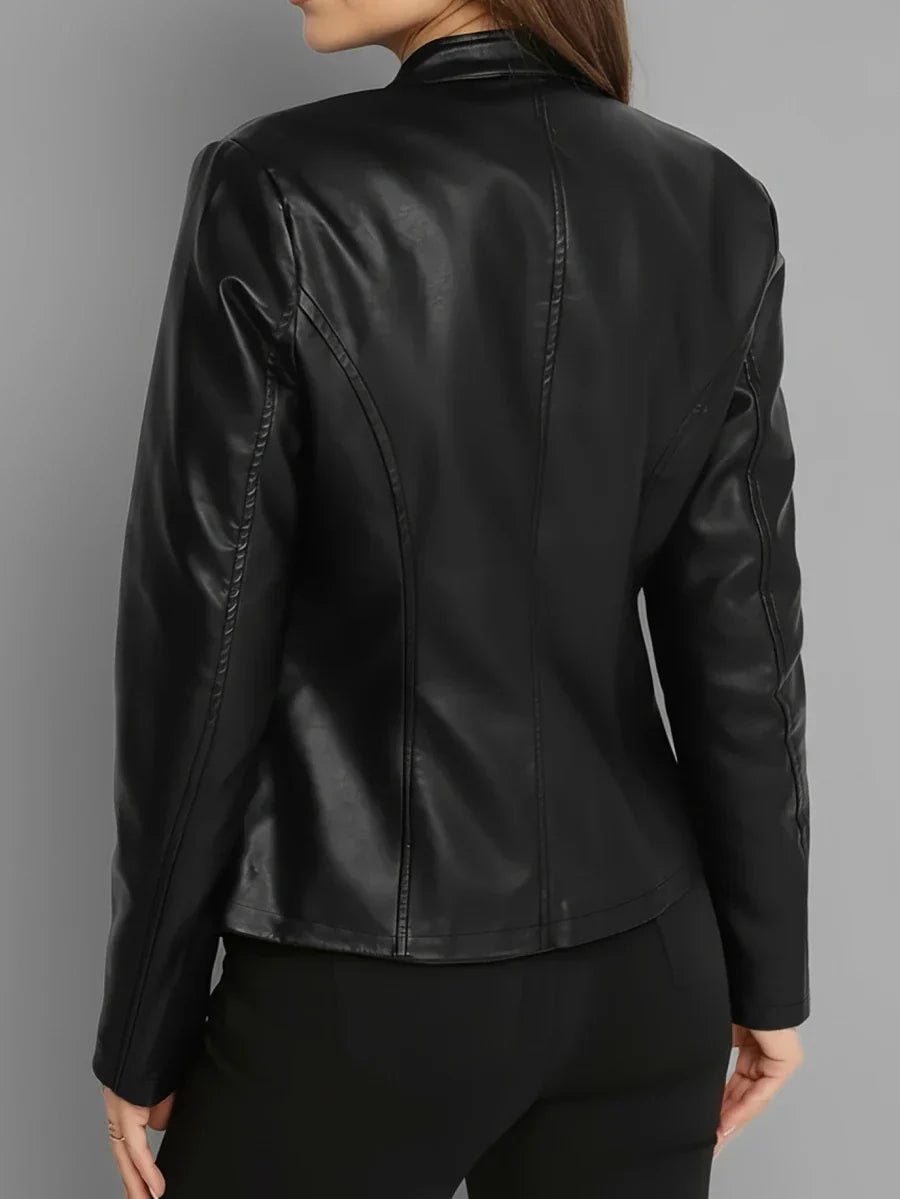 Women's Stand Collar Panel Seam Faux Leather Biker Jacket